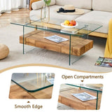 43.3 Inch Modern Two-Tier Coffee Table - Clear Tempered Glass and Natural Wood Grain, W1151P232622