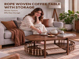 37.8" Oval Coffee Table with 2-Tier Rope Woven Storage Shelf, Melamine MDF Tabletop & Metal Frame, 01080088
