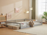 Gray painted pine wood playpen bed with door and board, full-size children's wooden bed 45176217