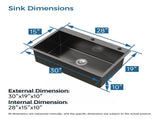 Kitchen Sink, 30x19 Single Bowl, Overmount Handmade Sink in Black, with US Standard Drain and 09418376