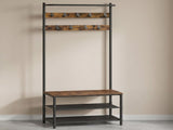 3-in-1 Industrial Hall Tree with Shoe Storage Bench, Rustic Walnut & Black 79990994