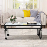 Silver Mirrored Coffee Table, Black Vintage Carved Wooden, Rectangle Glass Tea Table with Mirrored W1445P299191