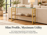 44 Inch Console Table with Storage Shelf, Modern Tempered Glass Entryway Table with Gold Metal Frame W2920P495917