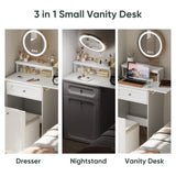 White Makeup Vanity Desk with Round Mirror and Lights, 2 in 1 Nightstand, Dressing Table with a W1706P236679