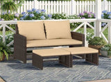Outdoor Patio Furniture Set, PE Rattan Loveseat 2 Ottomans Removable Cushions Metal Frame 72012143