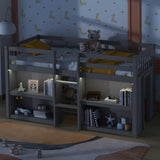 Twin Size Kid Low Loft Bed With Two-Tier Shelves And LED Light For Grey Color W697P153473