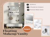 Floating Makeup Vanity with Big Mirror, Wall-Mounted Storage Vanity with Drawers, Pockets & Hooks, 80169179