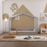 Twin Size Wood Bed House Bed Frame with Fence, for Kids, Teens, Girls, Boys, Gray WF302176AAE