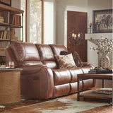 Achern Brown Leather-Air Nailhead Manual Reclining Sofa with Storage Console and USB Port T2574P198806