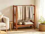 Natural Hardwood Towel Rack, Freestanding Blanket Stand with 3 Hanging Bars & Bottom Storage Shelf, 78960066