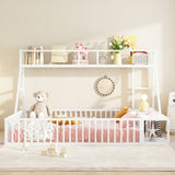 Full Size Floor Bed Frame with Safety Fence, Metal Floor Bed with Desk and Storage Shelves, W1580P240069