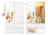 White Wardrobe Closet with Mirror Door, 2 Doors & 2 Drawers Storage Cabinet with LED Sensor Light, 36362195