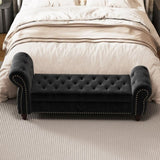 64.5" Bed Bench for Bed Room Nails Tufted Chaise of Lounge with Storage Velvet Upholstery Black W1097P202877