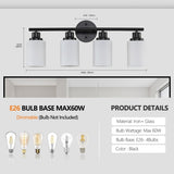 Modern 4-Light Vanity Bathroom Mirror Light, Frosted White Glass with Black Iron Frame, Contemporary W1340P206693