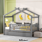 ZNTS Twin Size Wooden House Bed with Twin Size Trundle, Gray WF302178AAE