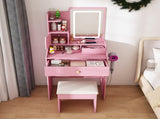3-Color LED Vanity Mirror with Stool, Pink Dressing Table for Bedroom, 2 Drawers & 5 Storage W2700P457871