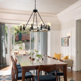 Rustic Farmhouse 10-Light Candle Chandelier, Black Metal and Wood Round Hanging Light Fixture for W1340P221222