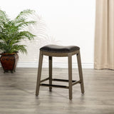 24" Counter Height Saddle Stool, Weathered Gray Finish, Black Leather Seat B046109806