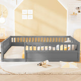 ZNTS Full Floor Bed Frame with Fence, Wood Kids Floor Beds Frame for Bedroom Playroom,Gray W2593P164751