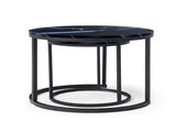 Set 2 Coffee Table Nesting Black top Black Frame Circular Round and Marble Pattern Wooden Tables, 62287079