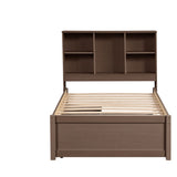 Modern Twin Size Bed Frame With Built-in USB Port on Bookcase Headboard and 2 Drawers for Walnut W697P152020