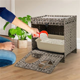 2-Tier Wicker Cat Condo with Litter Mat - Hidden Litter Box Enclosure, Detachable Washable Cushion, 98775677