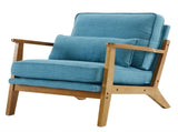Mid-Century Oak Accent Chair - Linen-Cotton Navy Blue Upholstered Single Lounge Chair, Indoor 88345572