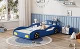 ZNTS Wooden Race Car Bed,Car-Shaped Platform Twin Bed with Wheels For Teens,Blue & Yellow WF310553AAC