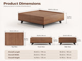 35.43" Square Walnut Finish Coffee Table with Hidden Drawer and Black Base, Modern Large Cocktail W5909P583195