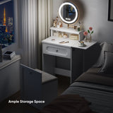 White Makeup Vanity Desk with Round Mirror and Lights, 2 in 1 Nightstand, Dressing Table with a W1706P236679