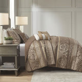 6 Piece Jacquard Quilt Set with Throw Pillows Brown/Gold Full/Queen B03597482