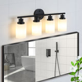 Modern 4-Light Vanity Bathroom Mirror Light, Frosted White Glass with Black Iron Frame, Contemporary W1340P206693