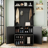 ON-TREND Farmhouse 4-in-1 Hall Tree with Barn Doors, Movable Bench with 7 Hanging Hooks and Shoe N721P205788B