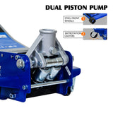 Low level steel vehicle floor standing hydraulic jack with dual piston rapid lift pump, capacity of 06381776