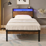 Twin Size Metal Platform Bed Frame with Wooden Headboard and Footboard with USB LINER, LED Lights W311134485
