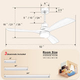 52 Inch Indoor Ceiling Fan With Dimmable Led Light 3 Solid Wood Blades Remote Control Reversible DC W882P296748
