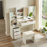 Vanity table with LED-lit mirror with power outlet and hairdryer shelving, with 4 drawers and W1668P197385