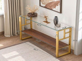 44 Inch Console Table with Storage Shelf, Modern Tempered Glass Entryway Table with Gold Metal Frame W2920P495917