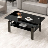 ZNTS Tempered Black Glass Coffee Table, 2-Layers Tea Table W171891785