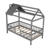 Twin Size Wood House Bed with Fence, Gray WF289640AAE