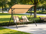 Beige 2-Seat Porch Swing with Adjustable Canopy, Built-in Storage Table & Cup Holders for Backyard 02083236