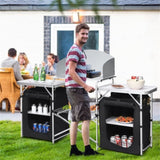 Foldable camping kitchen with 2-sided windshield pockets 88971357