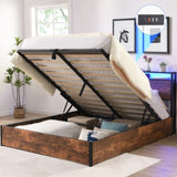 Lift-up Storage Frame, Full Size Frame with Bookcase Headboard & LED Lights, Wooden Platform W1916P184709
