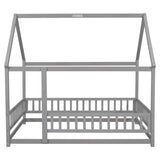 ZNTS Full Size Floor Wooden Bed with House Roof Frame, Fence Guardrails ,Grey 34864864