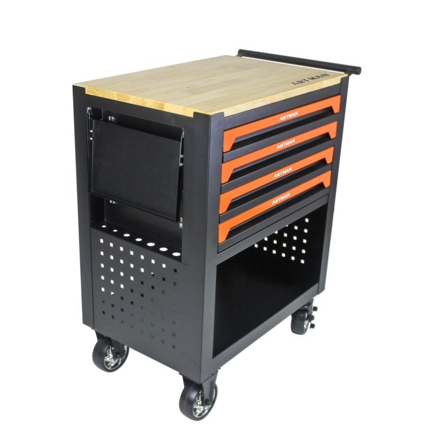 4 DRAWERS MULTIFUNCTIONAL TOOL CART WITH WHEELS AND WOODEN TOP