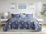 4 Piece Cotton Reversible Embroidered Quilt Set with Throw Pillow Navy King/Cal King B03595793