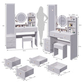 Full Body Mirror Cabinet Round Mirror LED Vanity Table Cushioned Stool, With 2 AC 2 USB Power W936P160027