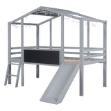 Twin Size Loft Bed with Ladder and Slide, House Bed with Blackboard and Light Strip on the Roof, WF324323AAE