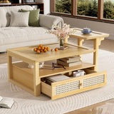 ZNTS U-Can Modern Coffee Table, Coffee Table with 1 Storage Shelf, 2 Tabletops and 1 Rattan Drawer For N724P232190N