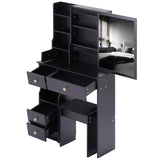 Small Size Left Drawer Desktop Vanity Table Cushioned Stool, Extra Large Sliding Mirror, Multi W936P202257